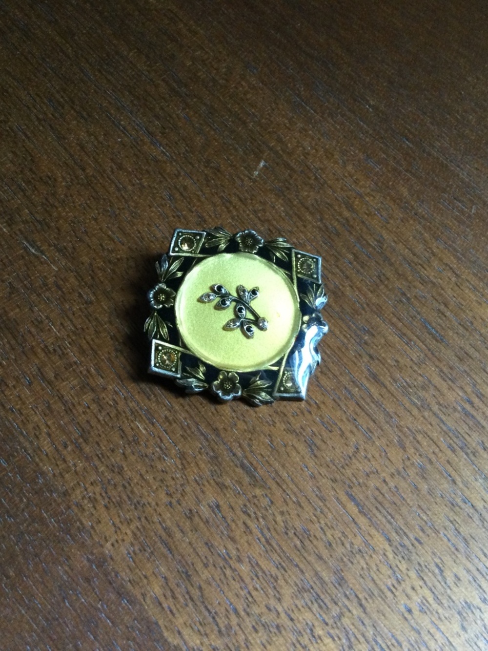 Vintage Art Deco Black and Gold Enamel Pin with Raised Rhinestone Floral Design
